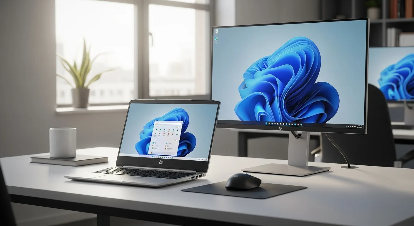 Una computadora portátil HP G8 250 en un escritorio de oficina moderno, al lado de un monitor externo y un ratón, mostrando un entorno de trabajo productivo.
