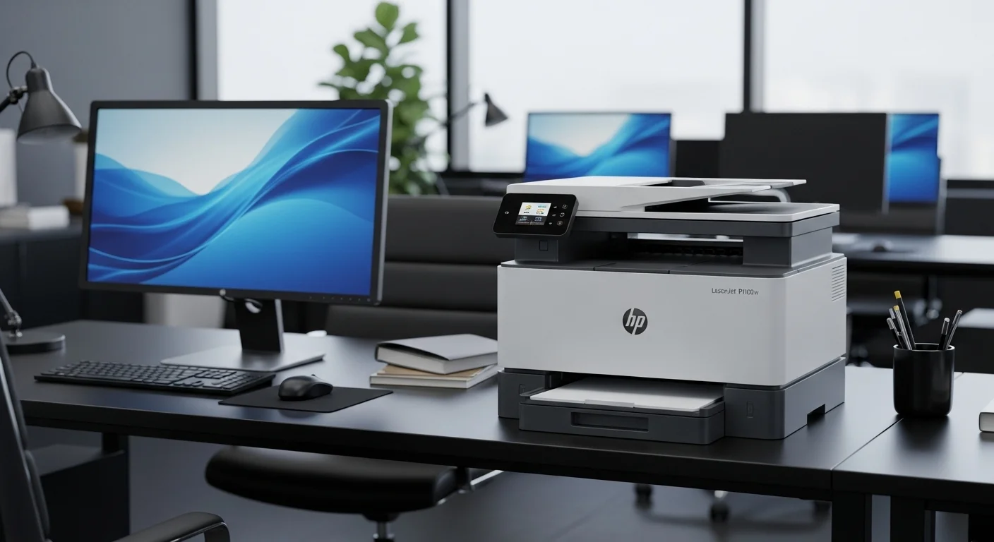 Impresora HP LaserJet P1102w ubicada en un escritorio moderno junto a varias computadoras, demostrando su utilidad en un entorno de oficina.