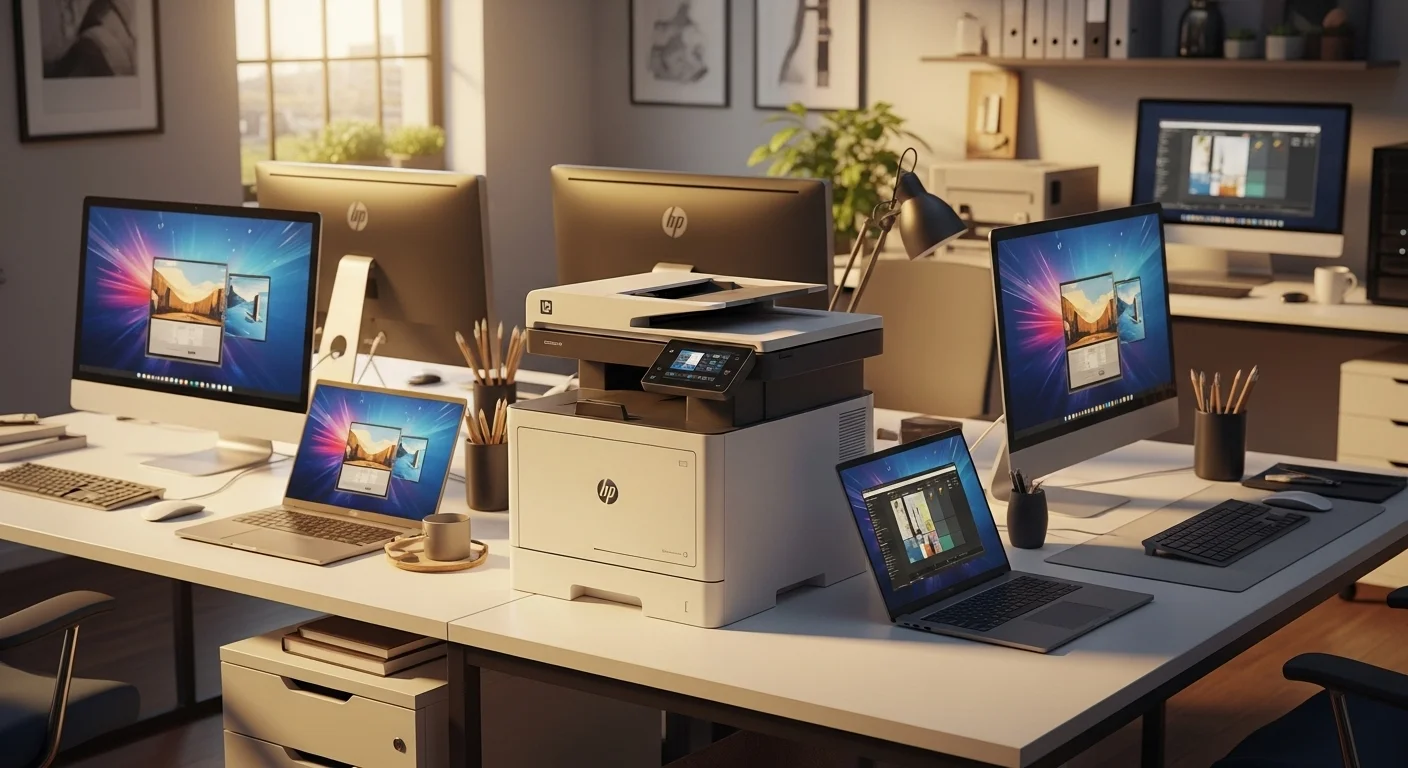 Una impresora HP LaserJet Pro multifuncional en un escritorio de oficina moderno, junto a computadoras laptop y de escritorio, mostrando un entorno de trabajo conectado y productivo.