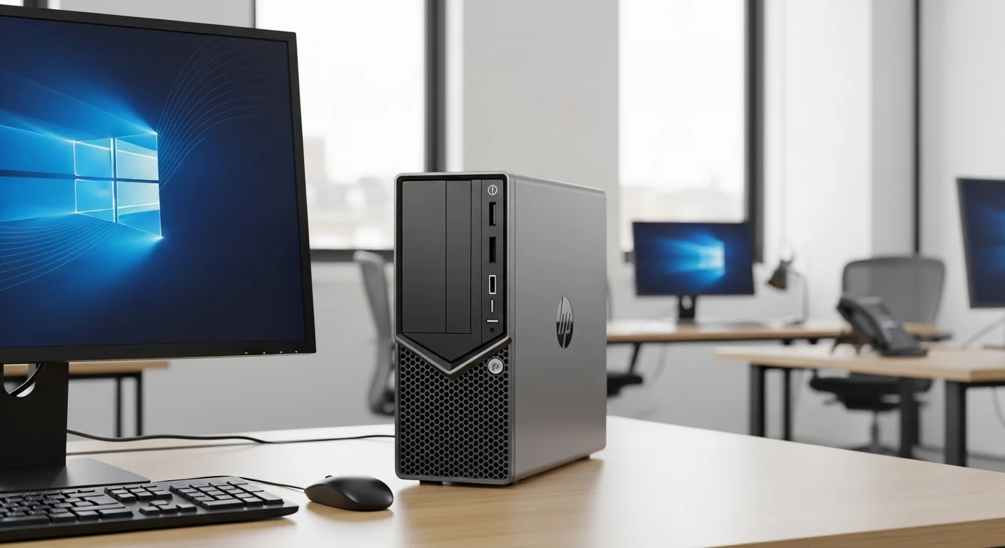 Una computadora de escritorio HP Microtower en un entorno de oficina moderno, mostrando su diseño compacto y profesional.