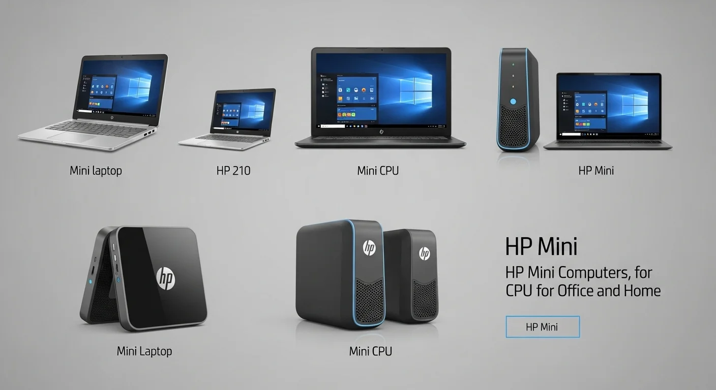 Collage de computadoras HP Mini, mostrando la evolución desde la mini laptop hp 210 hasta los modernos mini cpu hp para oficina y hogar.