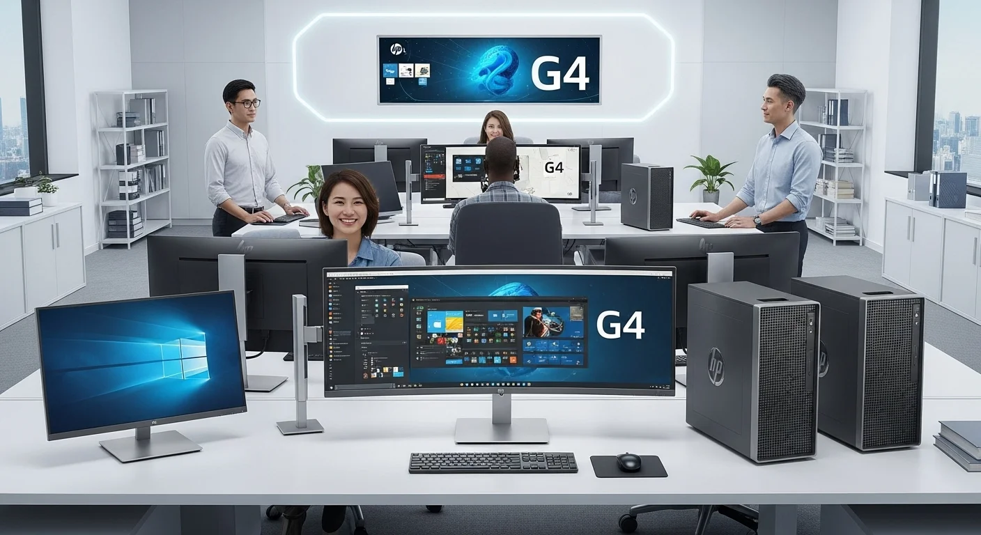Una configuración de oficina moderna con múltiples computadoras y monitores de la serie HP G4, incluyendo modelos estándar y curvos, mostrando un entorno de trabajo productivo y tecnológico.