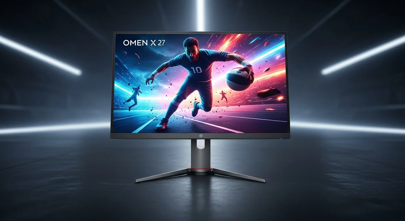 Monitor gaming HP Omen X 27 mostrando una imagen vibrante, destacando su alta tasa de refresco para una experiencia de juego fluida en un entorno tecnológico.