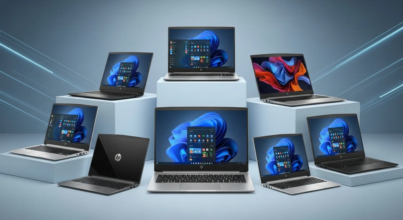 Una composición de varias computadoras de la serie HP Pavilion Laptop mostrando los diferentes modelos y sus diseños sobre un fondo tecnológico.