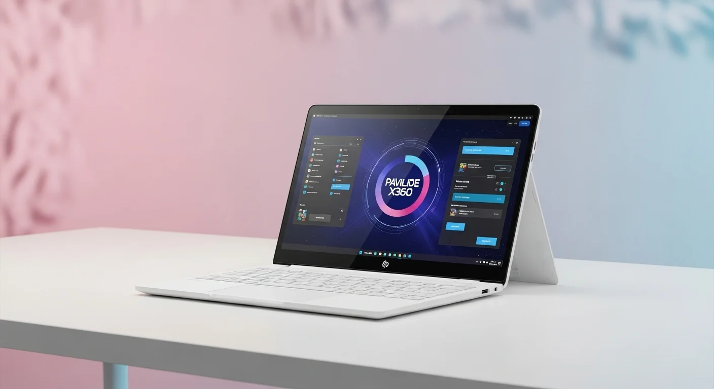 Una laptop HP Pavilion x360 en modo atril sobre un escritorio de madera, mostrando una interfaz de diseño gráfico. Representa la fusión de computadoras y creatividad.