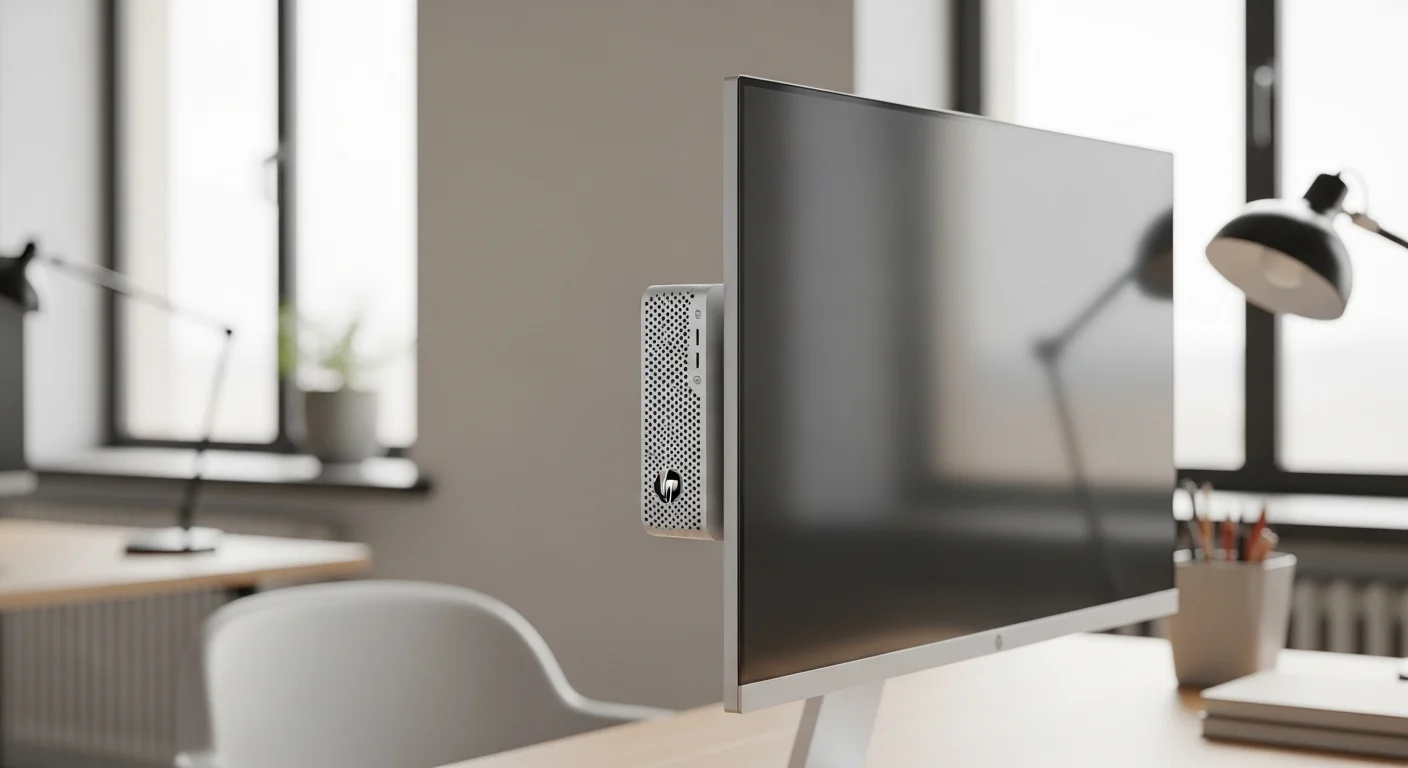 La computadora compacta HP Pro Mini 400 G9 montada detrás de un monitor en un espacio de trabajo moderno y minimalista.