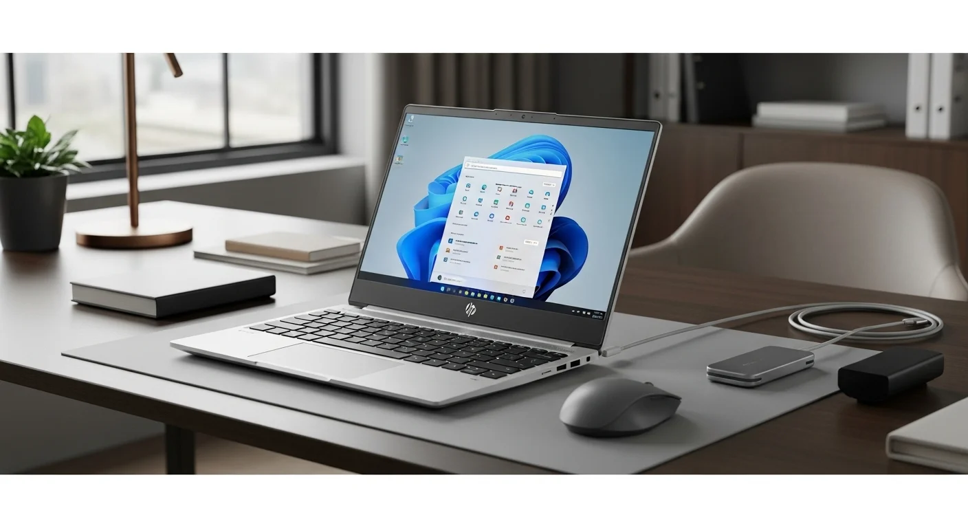 Una computadora HP ProBook 440 G9 en un escritorio de oficina moderno, mostrando su diseño profesional y conectividad.