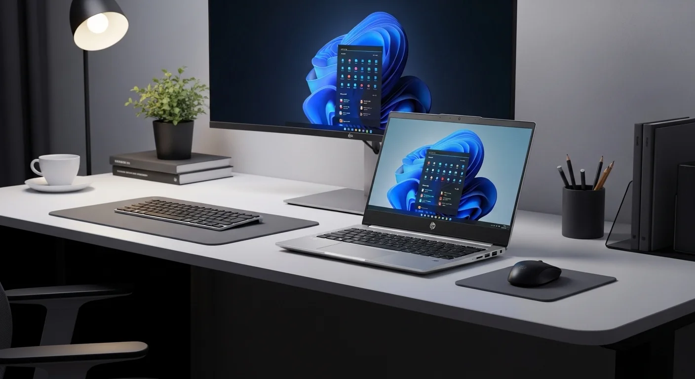 Una computadora portátil HP ProBook 450 G9 en un escritorio moderno junto a un monitor y accesorios de oficina, simbolizando la tecnología profesional.