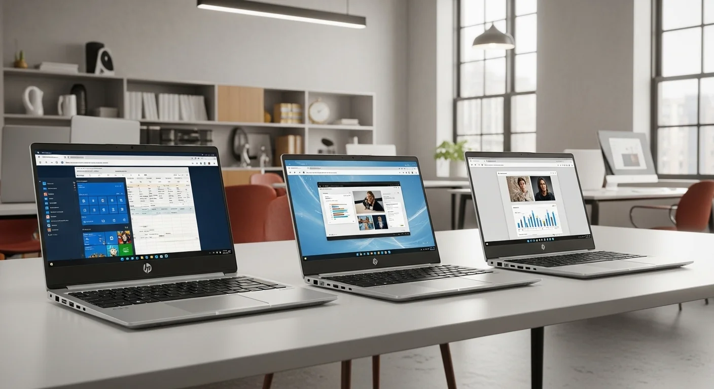 Tres computadoras laptop de la serie HP Probook en un moderno entorno de oficina, mostrando su diseño profesional y versatilidad.