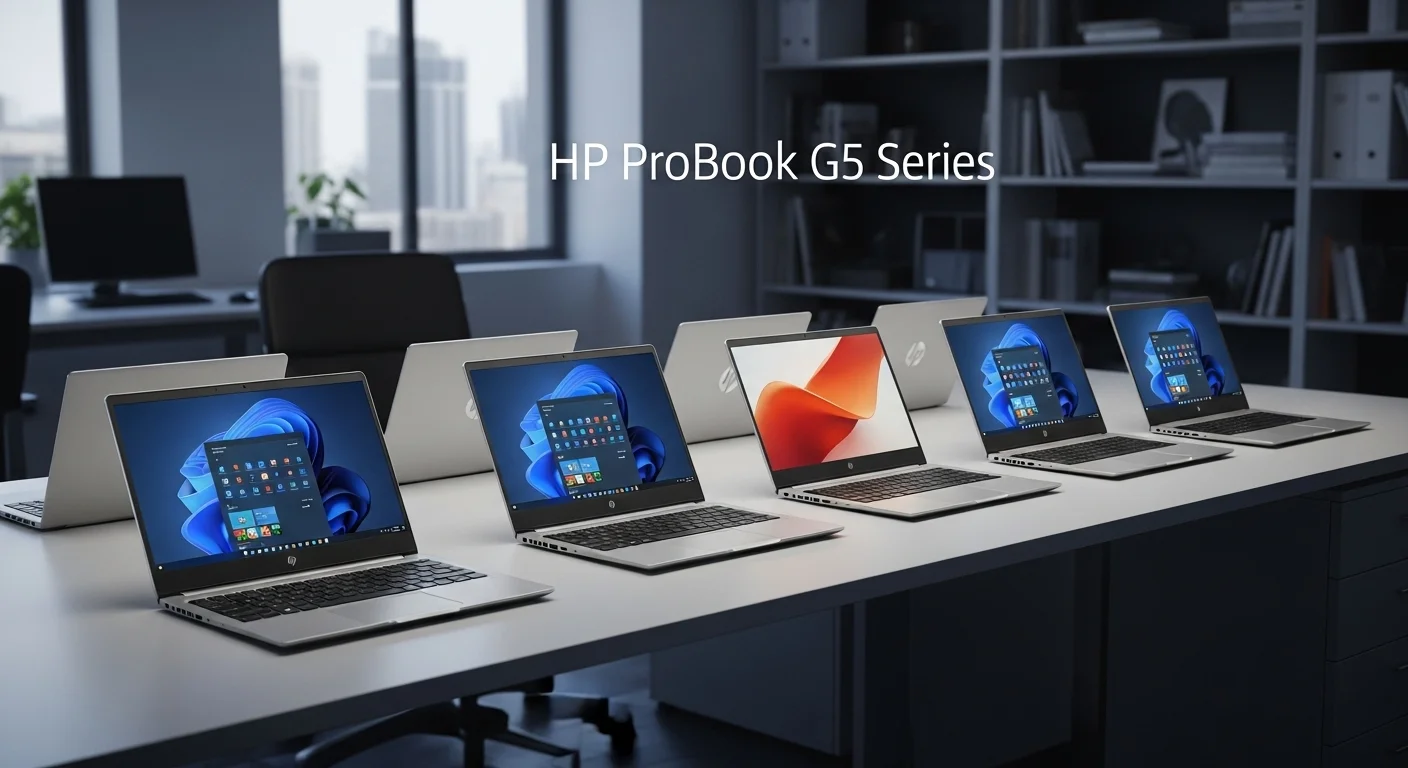 Una colección de computadoras portátiles de la serie HP Probook G5 sobre un escritorio de oficina moderno.