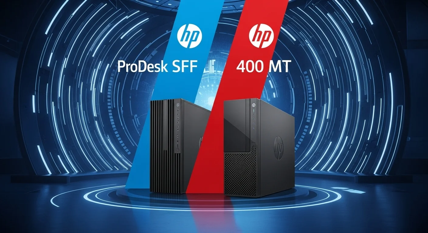 Familia de computadoras HP 400 G1, mostrando los modelos ProDesk SFF y MT uno al lado del otro en un fondo tecnológico.