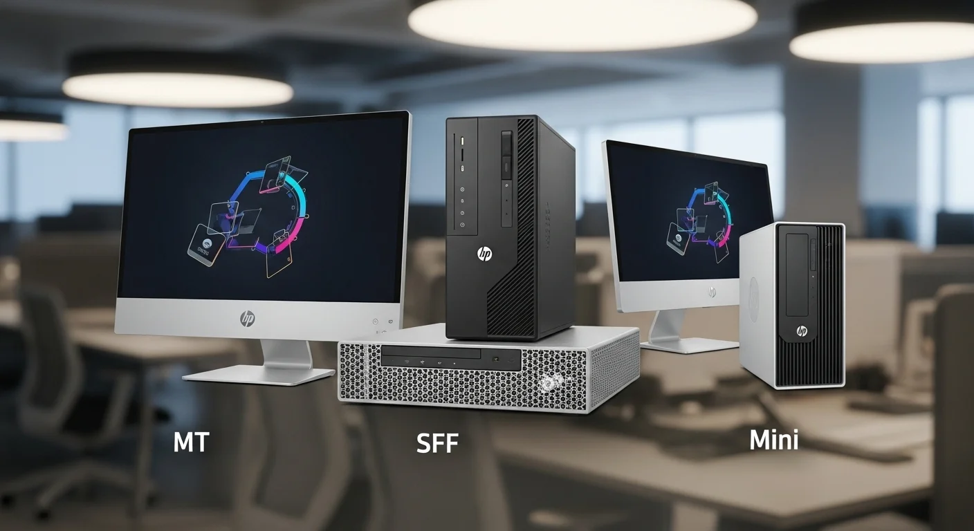 Una composición de las diferentes computadoras de la serie HP Prodesk 400 G3, mostrando los modelos MT, SFF y Mini en un entorno de oficina moderno y tecnológico.