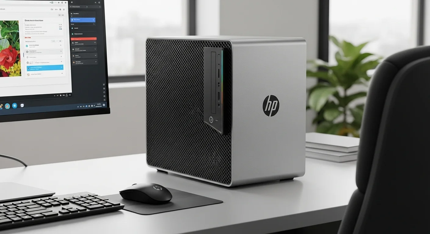 Una computadora HP ProDesk 400 G9 SFF en un moderno escritorio de oficina, mostrando su diseño compacto y profesional.