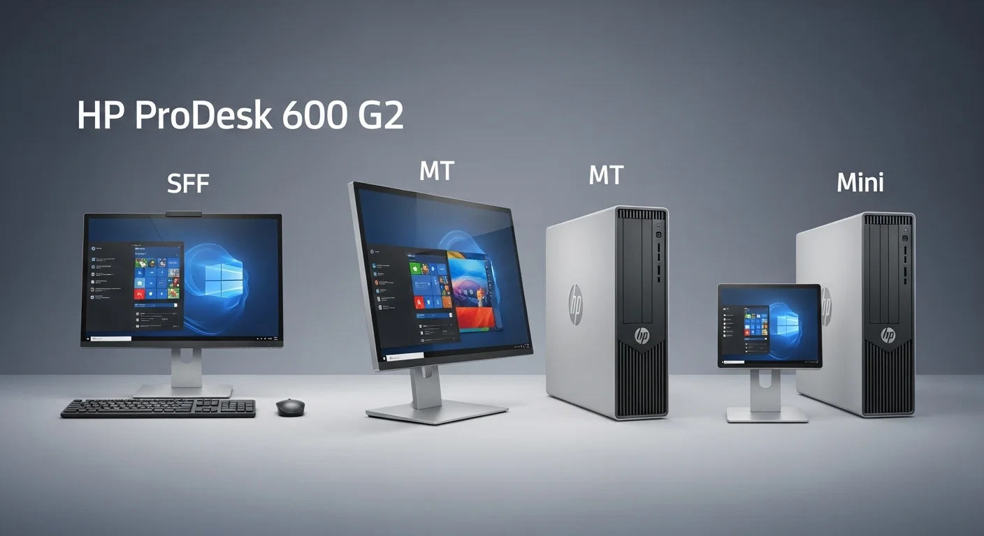 Familia de computadoras de escritorio HP ProDesk 600 G2 mostrando los formatos SFF, MT y Mini en un entorno de oficina.