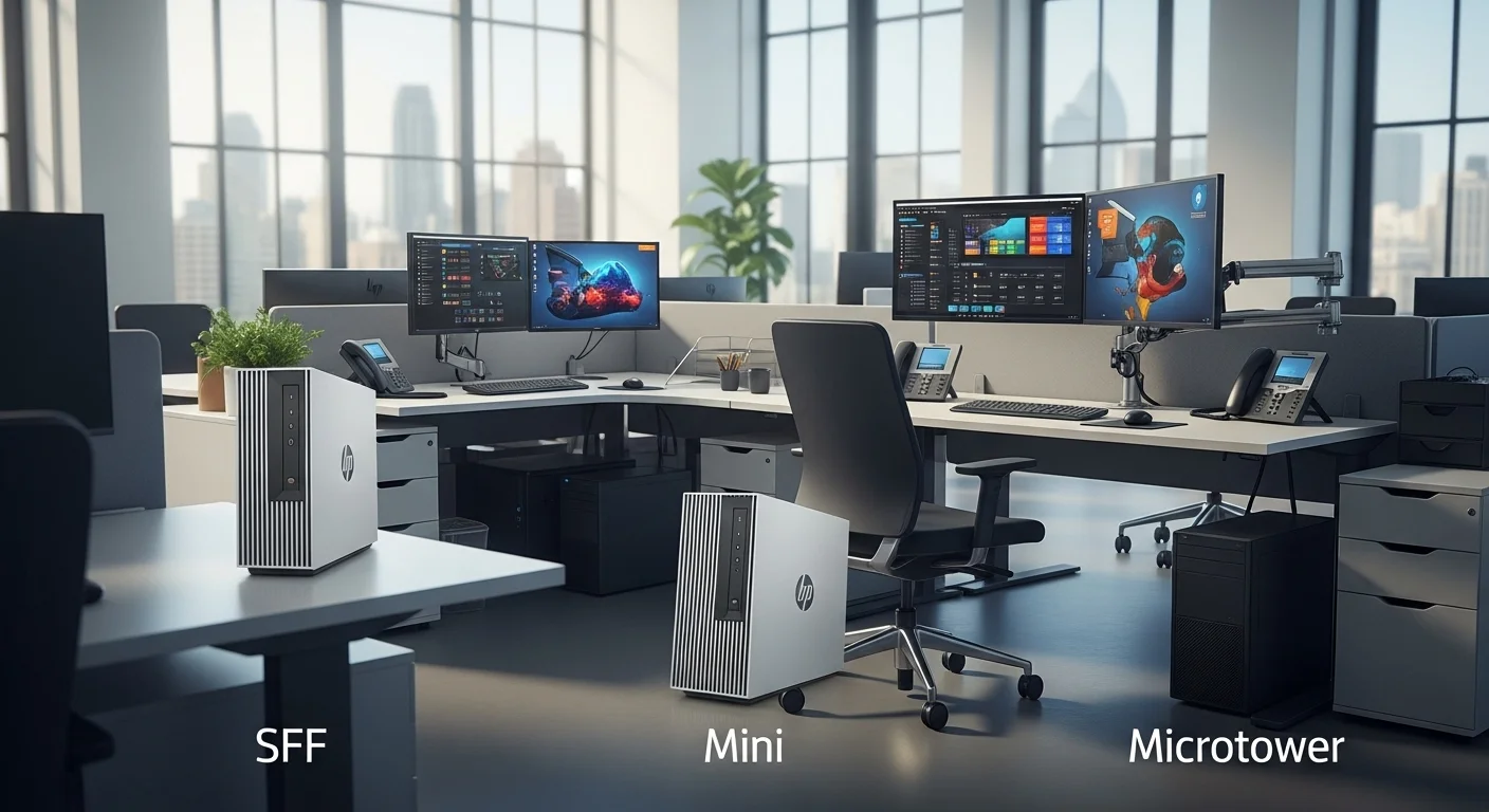 Familia de computadoras HP Prodesk 600 G4, mostrando los modelos SFF, Mini y Microtower en un entorno de oficina moderno.