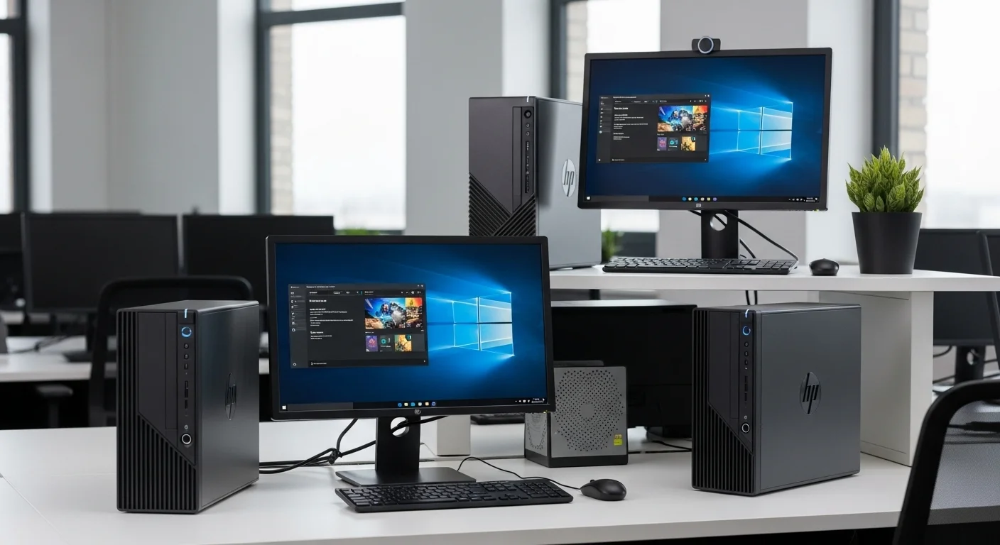 Varias computadoras HP Prodesk 600, incluyendo modelos Mini y Microtower, en un entorno de oficina moderno y luminoso.