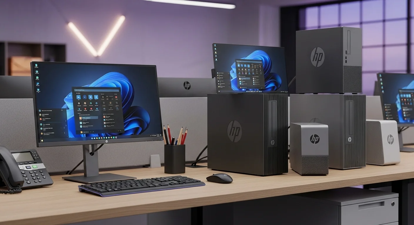 Variedad de computadoras de escritorio HP ProDesk, incluyendo modelos mini y SFF, en un entorno de oficina profesional.