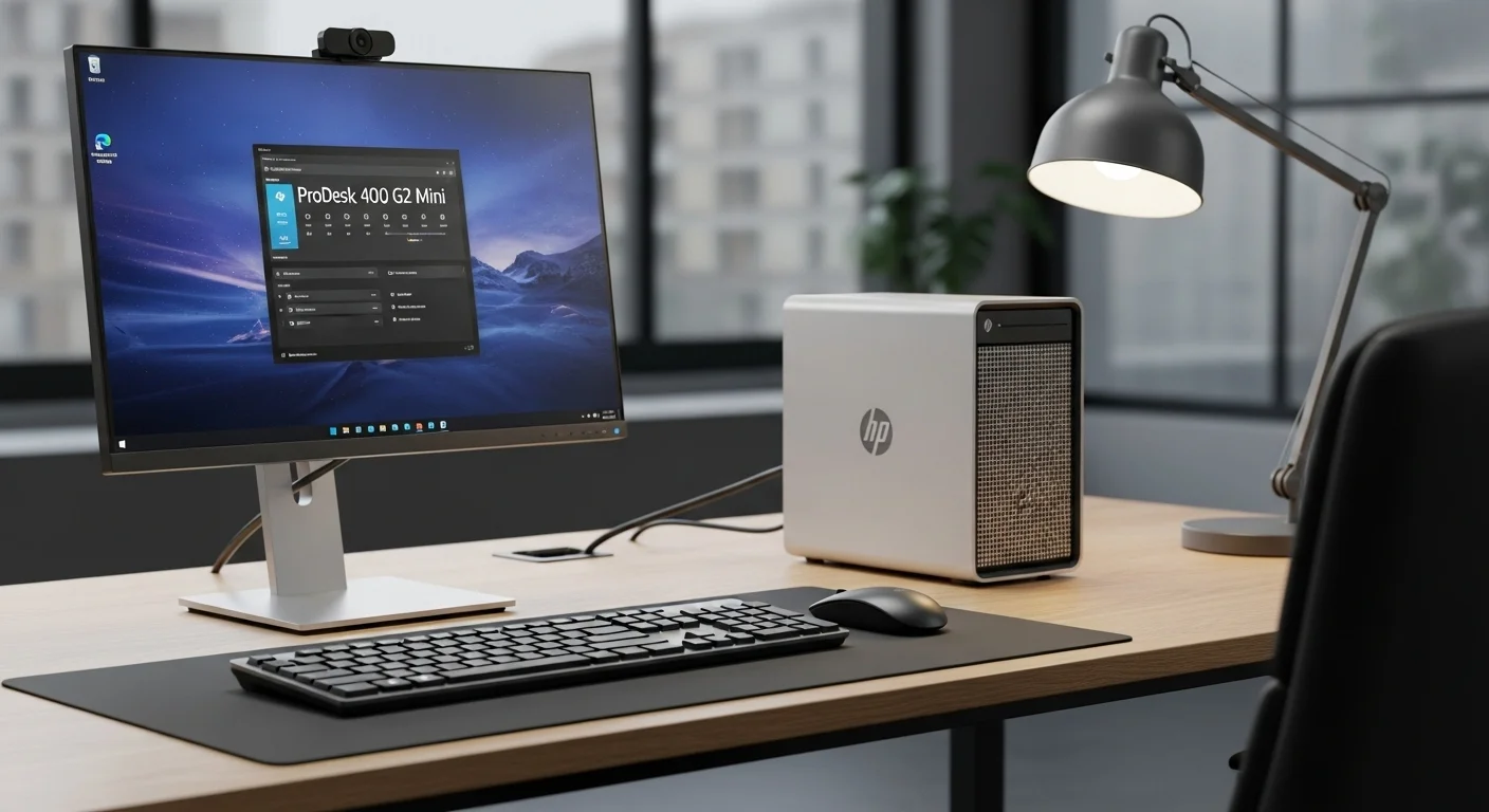 Una computadora HP ProDesk 400 G2 Mini junto a un teclado y un monitor en un escritorio de oficina moderno, destacando su diseño compacto.