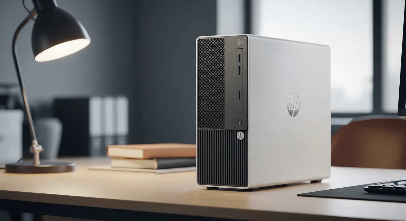 Una computadora HP ProDesk 400 G4 SFF en un escritorio de oficina moderno, mostrando su diseño compacto.