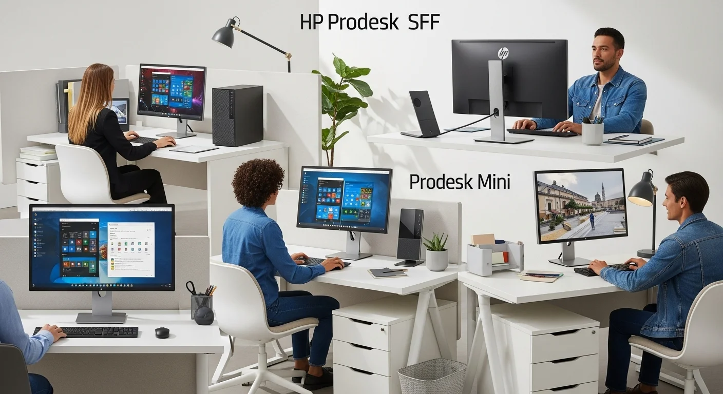 Varias computadoras HP Prodesk, incluyendo un modelo SFF y un Prodesk Mini, en un entorno de oficina moderno, mostrando su versatilidad.