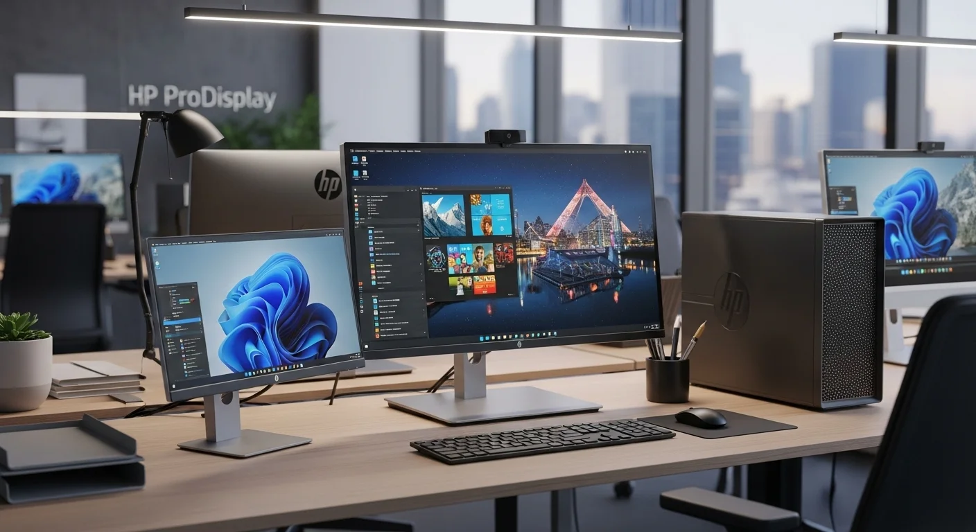 Configuración de oficina moderna con múltiples computadoras y monitores de la serie Hp Prodisplay