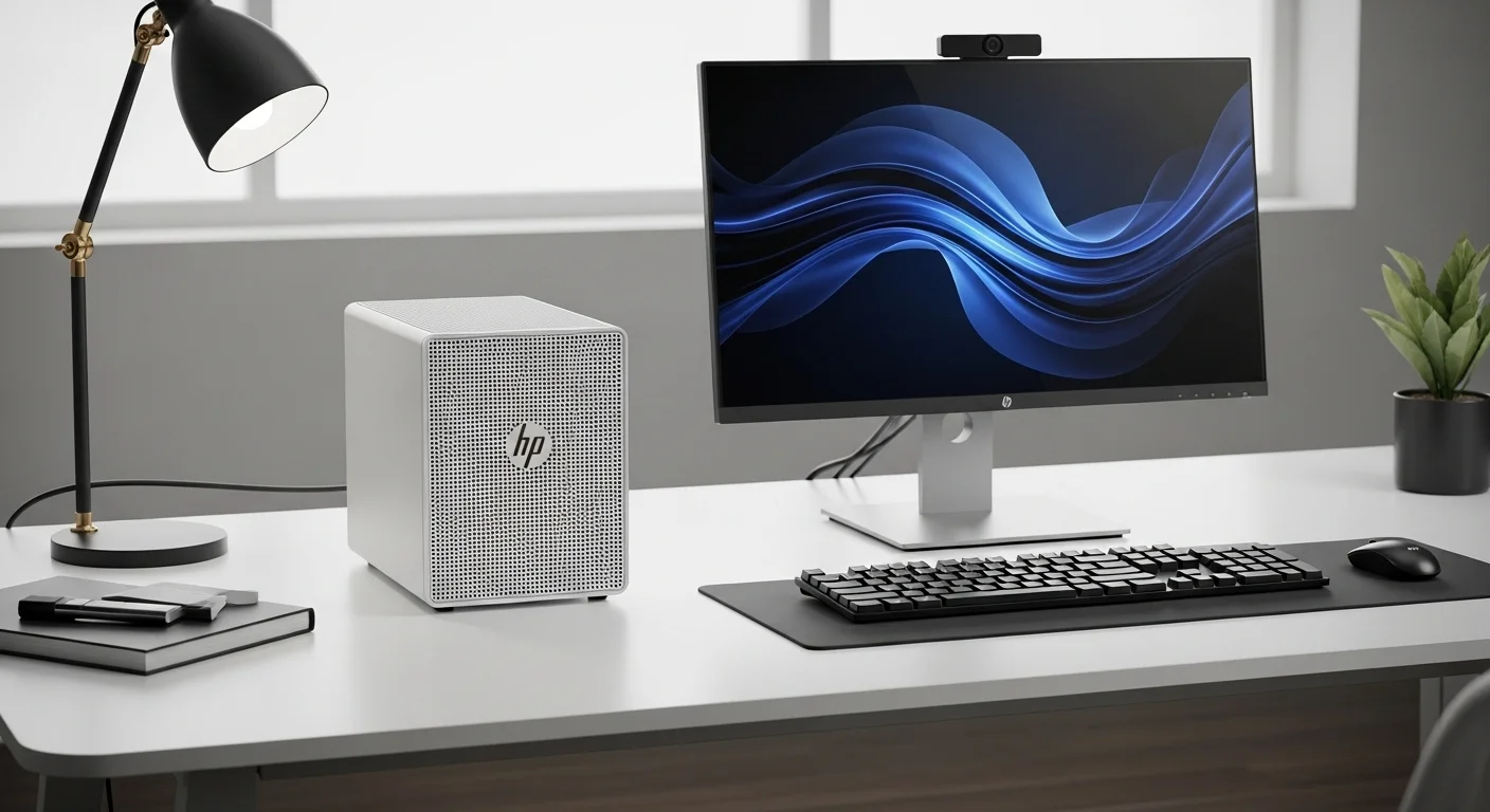 Una computadora HP SFF Pro en un escritorio de oficina moderno, mostrando su diseño compacto junto a un monitor y teclado.