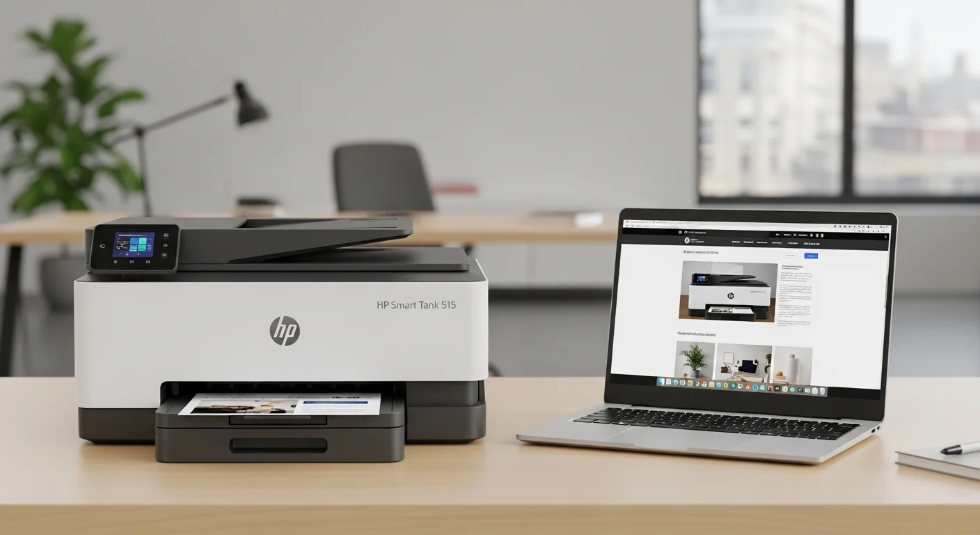 Impresora HP Smart Tank 515 junto a una moderna computadora portátil en un escritorio de oficina, mostrando un entorno de trabajo tecnológico y eficiente.