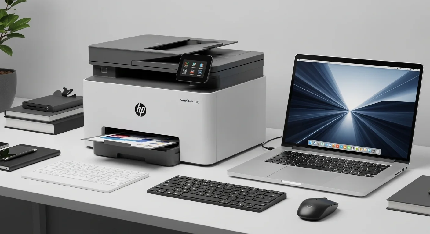 Impresora HP Smart Tank 720 junto a una laptop y otros accesorios de computadoras en un escritorio de oficina moderno