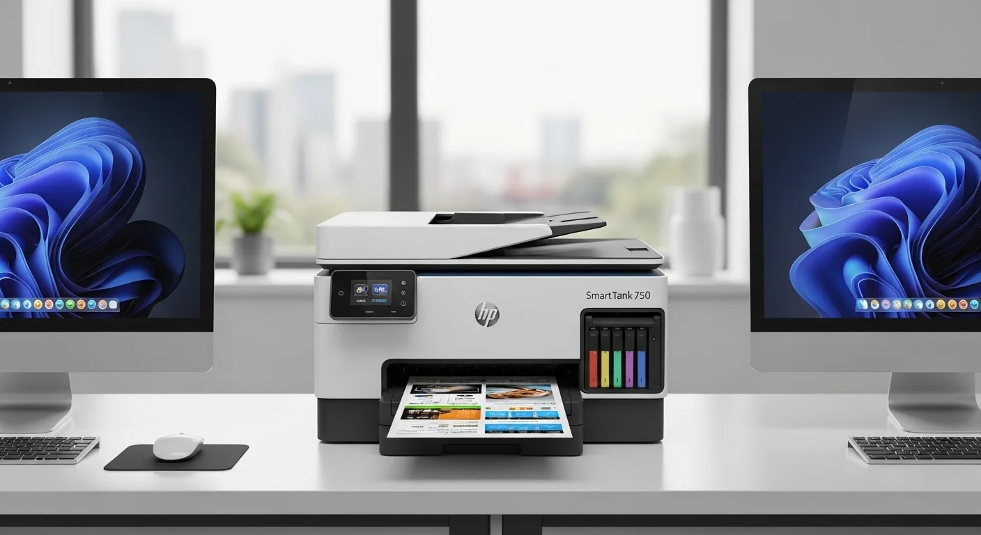 Impresora HP Smart Tank 750 en un escritorio moderno junto a computadoras de última generación, mostrando un entorno de trabajo eficiente y conectado.
