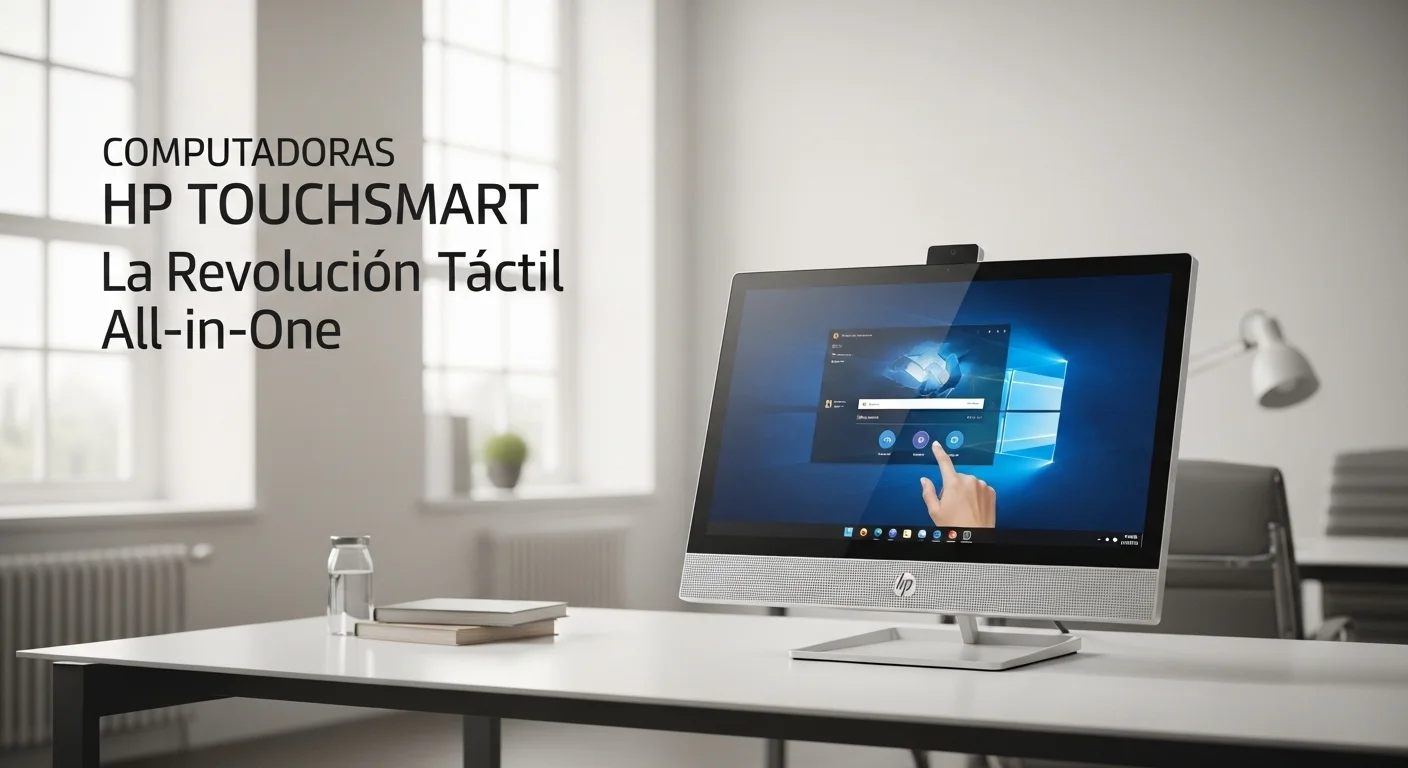 Una computadora HP Touchsmart All-in-One en un escritorio moderno, mostrando la interfaz táctil en pantalla.