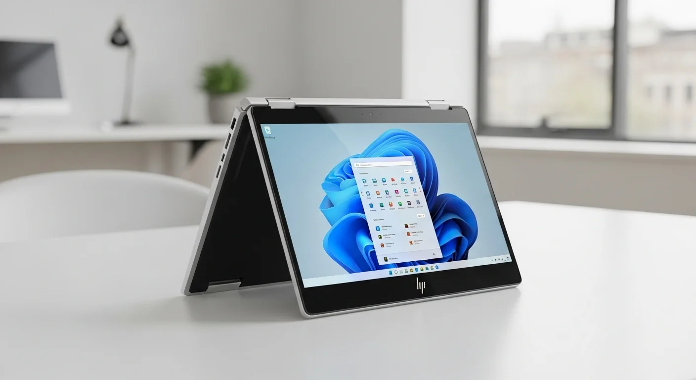 Una computadora convertible HP X360 en modo tienda sobre una mesa de oficina, mostrando su versatilidad.