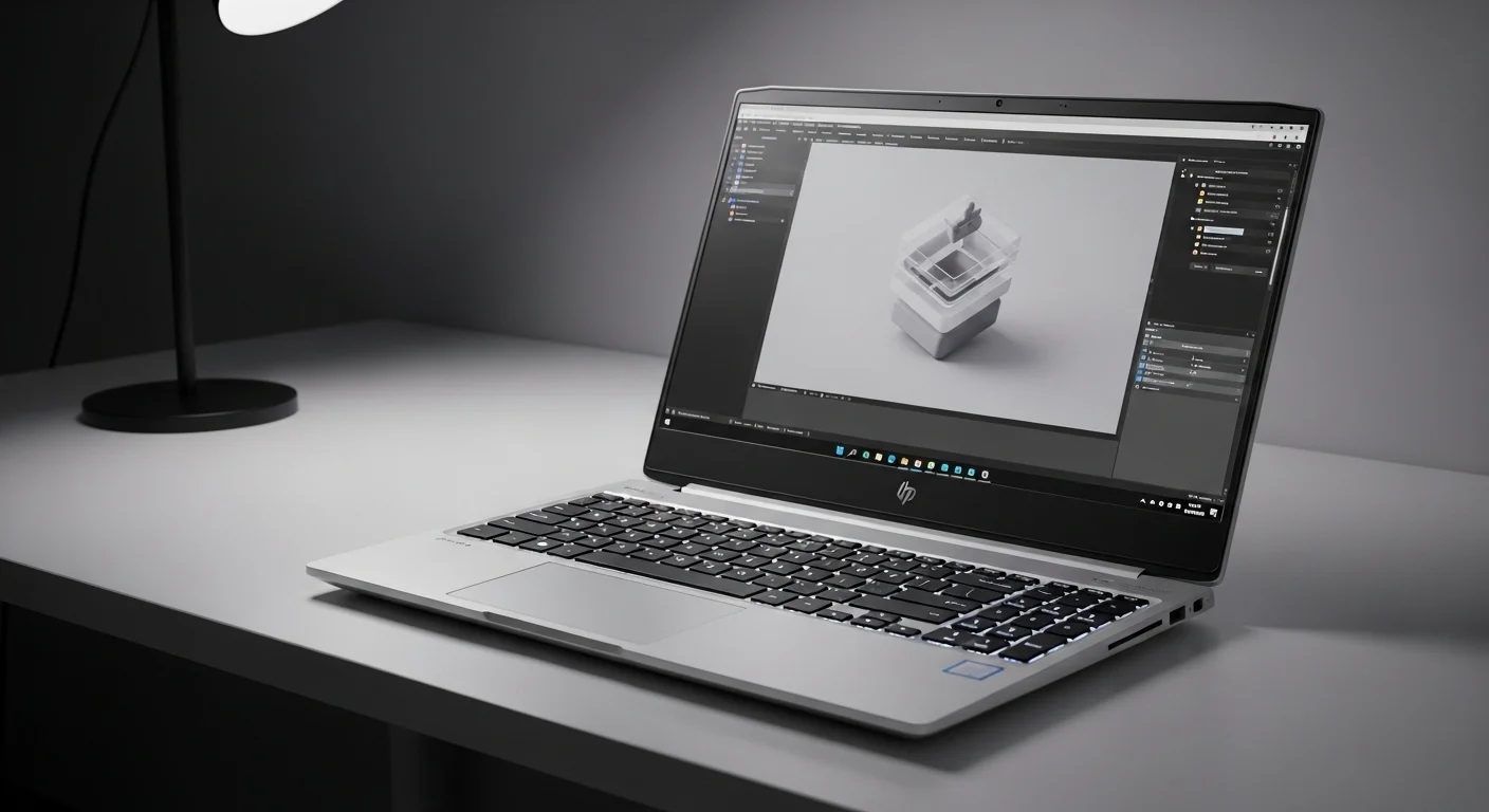 Una computadora HP Zbook 15 sobre un escritorio moderno, mostrando su pantalla de alta resolución y teclado iluminado, representando potencia y profesionalismo.