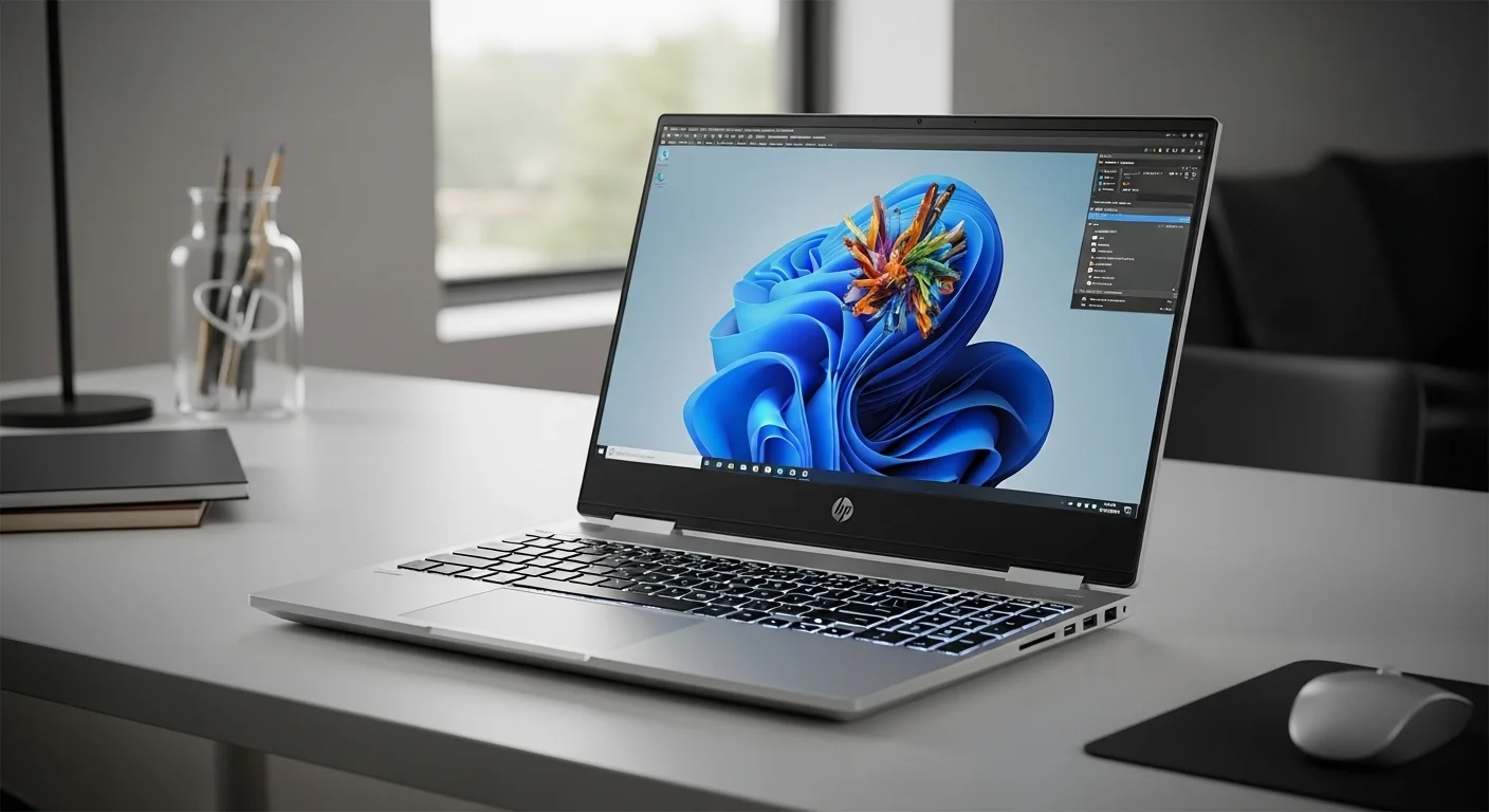Una computadora portátil HP ZBook Fury 17 G8 abierta sobre un escritorio de oficina moderno, mostrando su pantalla de alta resolución y teclado iluminado, representando la tecnología de computadoras profesionales.