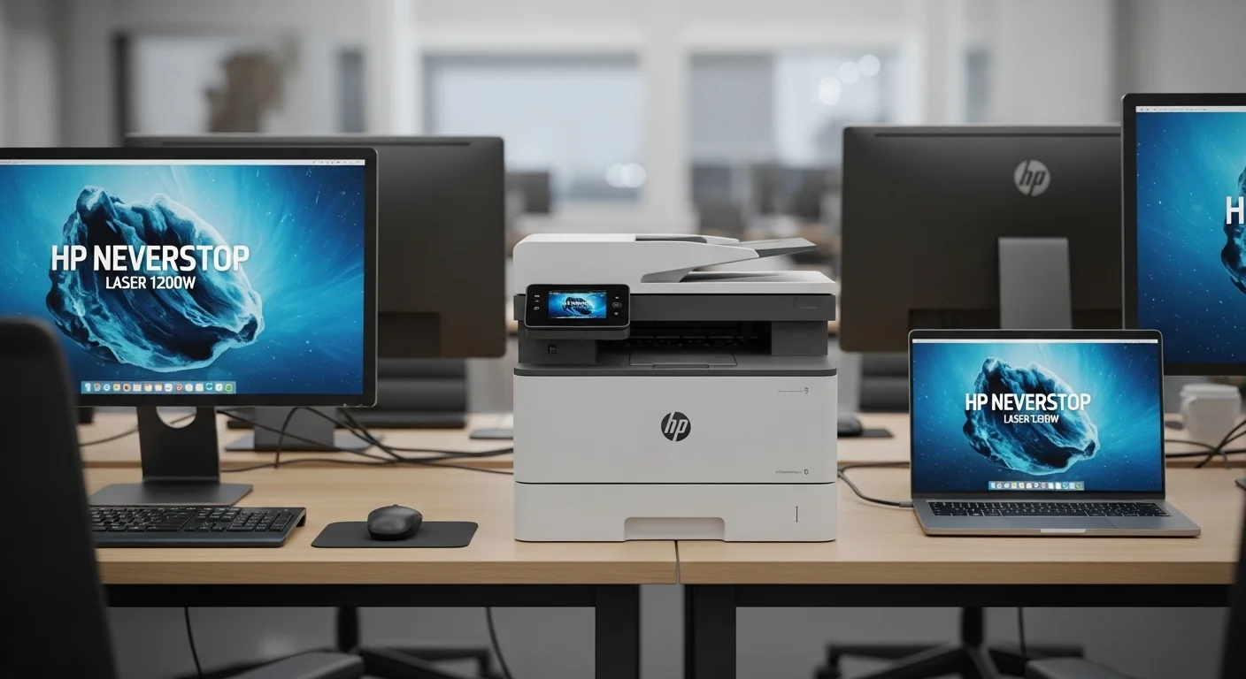 Impresora HP Neverstop Laser 1200w en un escritorio de oficina moderno junto a varias computadoras y una laptop, mostrando un entorno de trabajo eficiente.