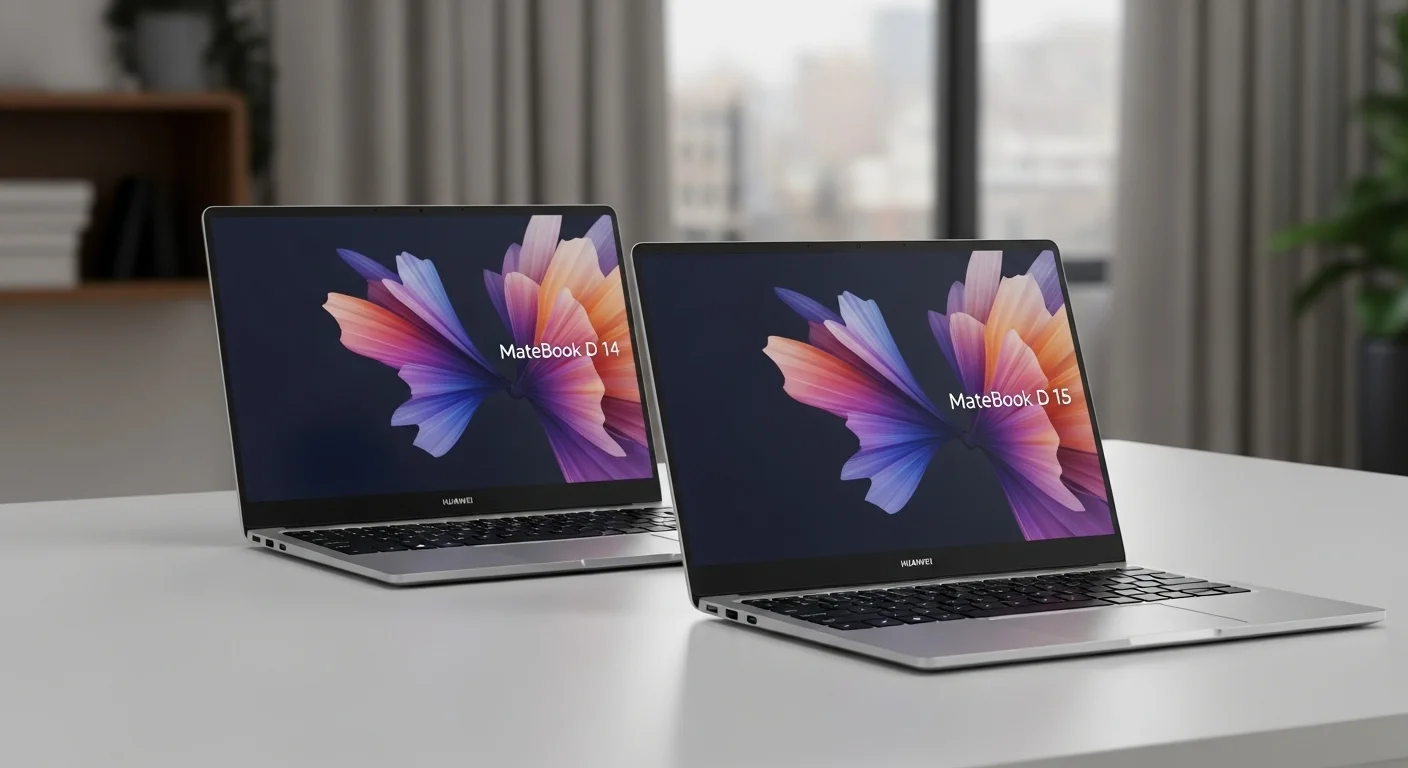 Una composición de varias computadoras de la serie Huawei Matebook D, mostrando los modelos Matebook D 14 y Matebook D 15 con sus elegantes chasis de aluminio.