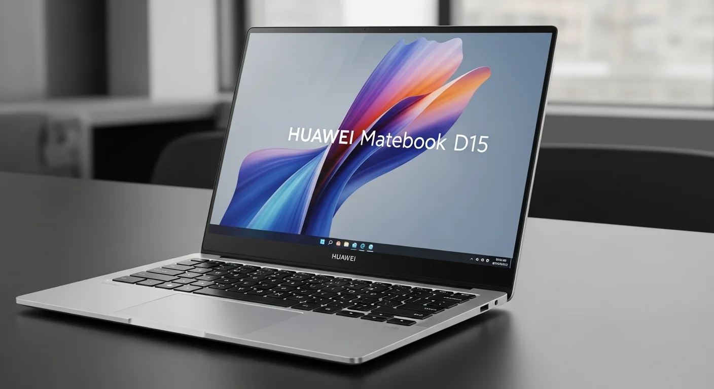 Laptop Huawei Matebook D15 con pantalla FullView abierta, mostrando su diseño elegante y teclado. Símbolo de las modernas computadoras portátiles.