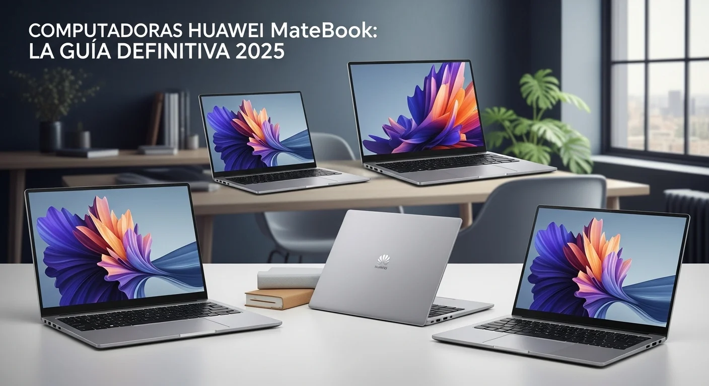 Una colección de computadoras portátiles Huawei Matebook mostrando su diseño delgado y moderno en un entorno de oficina.
