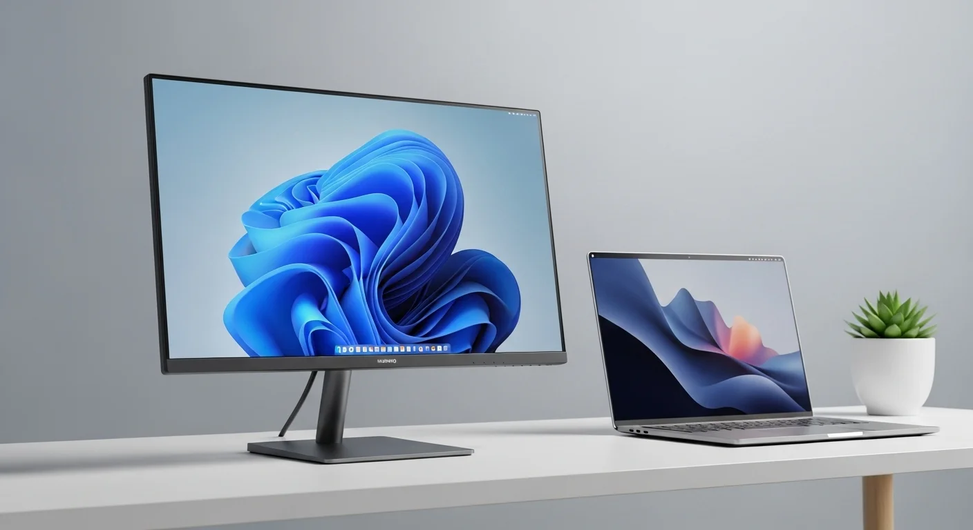 Monitor Huawei Mateview en un escritorio minimalista junto a una laptop, representando una estación de trabajo moderna para computadoras.