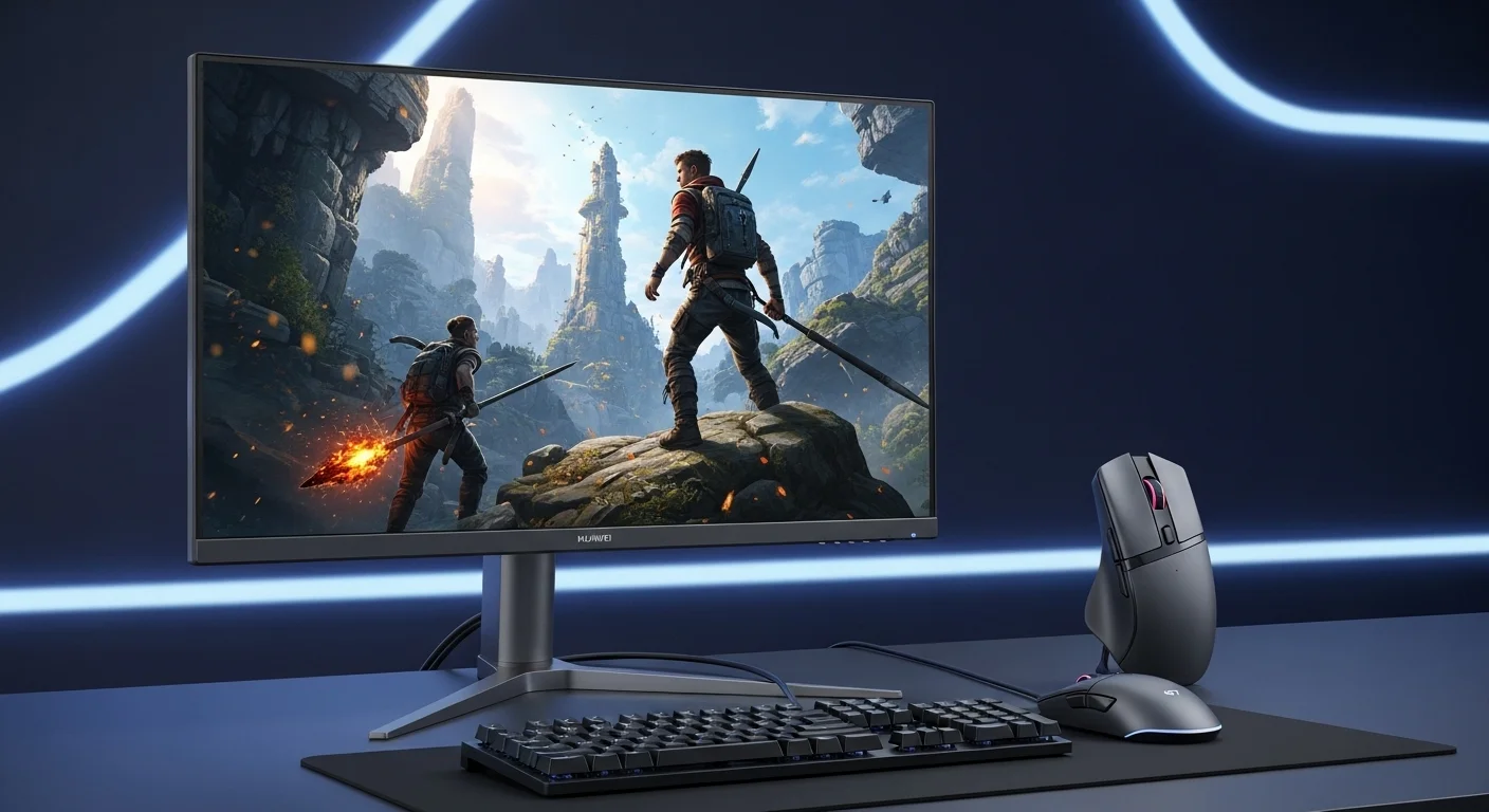 Setup de computadoras con un monitor Huawei MateView GT 34 mostrando un juego y un Huawei Mouse GT al lado.