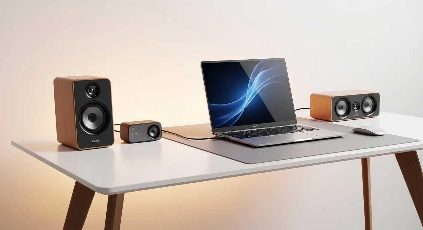 Ecosistema de audio Huawei Sound con la bocina Sound X y Sound Joy conectadas a una computadora portátil Huawei en un escritorio moderno.