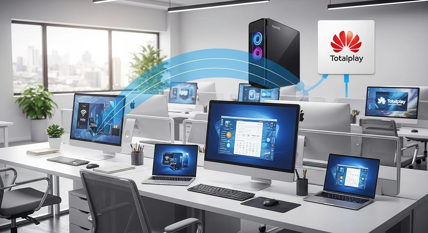 Una oficina moderna con varias computadoras y laptops conectadas a una red de alta velocidad gracias a un modem Huawei de Totalplay visible en el fondo.