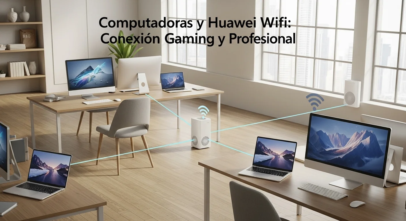 Sistema Huawei Wifi Mesh 7 en un entorno de oficina moderno con varias computadoras y laptops conectadas, mostrando una conectividad total y sin interrupciones.