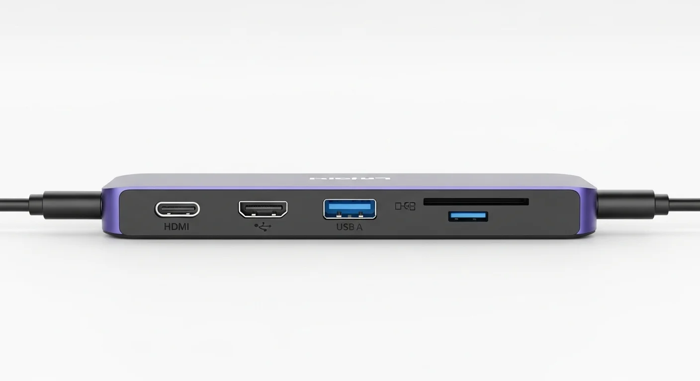 Un hub o dock USB-C multifuncional mostrando puertos HDMI, USB-A y lector de tarjetas, un accesorio esencial para computadoras portátiles.