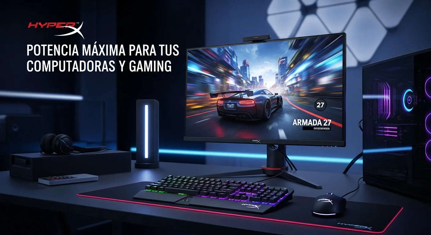 Setup de computadoras de alto rendimiento con un monitor Hyperx Armada 27 mostrando un juego, junto a un teclado y ratón Hyperx iluminados.