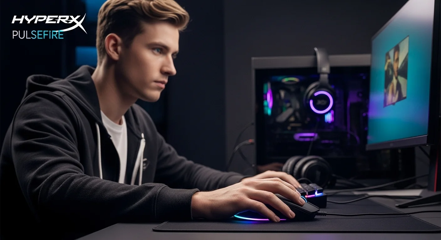 Un jugador utilizando un mouse Hyperx Pulsefire iluminado, con su mano en una posición de agarre cómoda, demostrando su uso en computadoras.