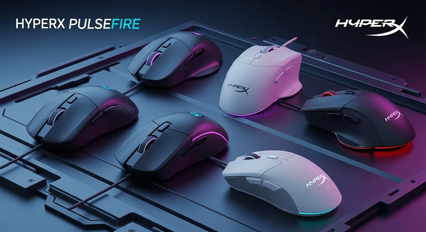 Una composición de varios mouses Hyperx Pulsefire sobre un fondo tecnológico, mostrando la diversidad de la línea para computadoras gaming.