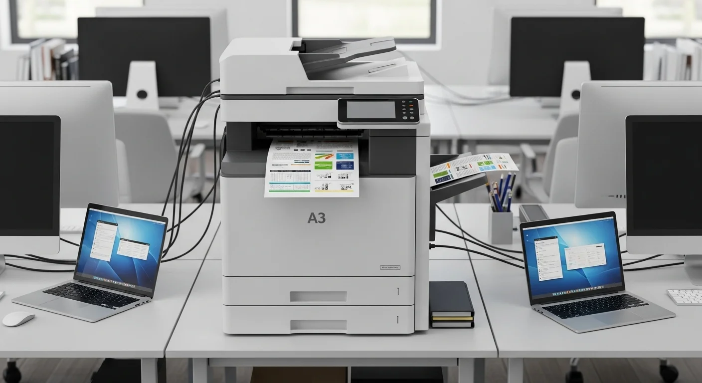 Una impresora A3 multifuncional en un entorno de oficina, conectada a varias computadoras y mostrando su versatilidad.
