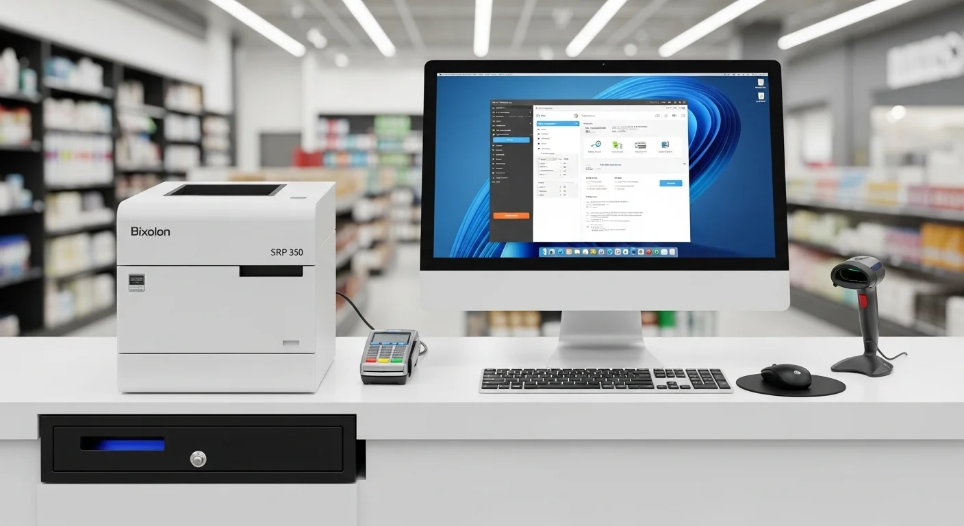 Una impresora Bixolon SRP 350 en un mostrador de una tienda, junto a un monitor de computadora y otros accesorios de un punto de venta.