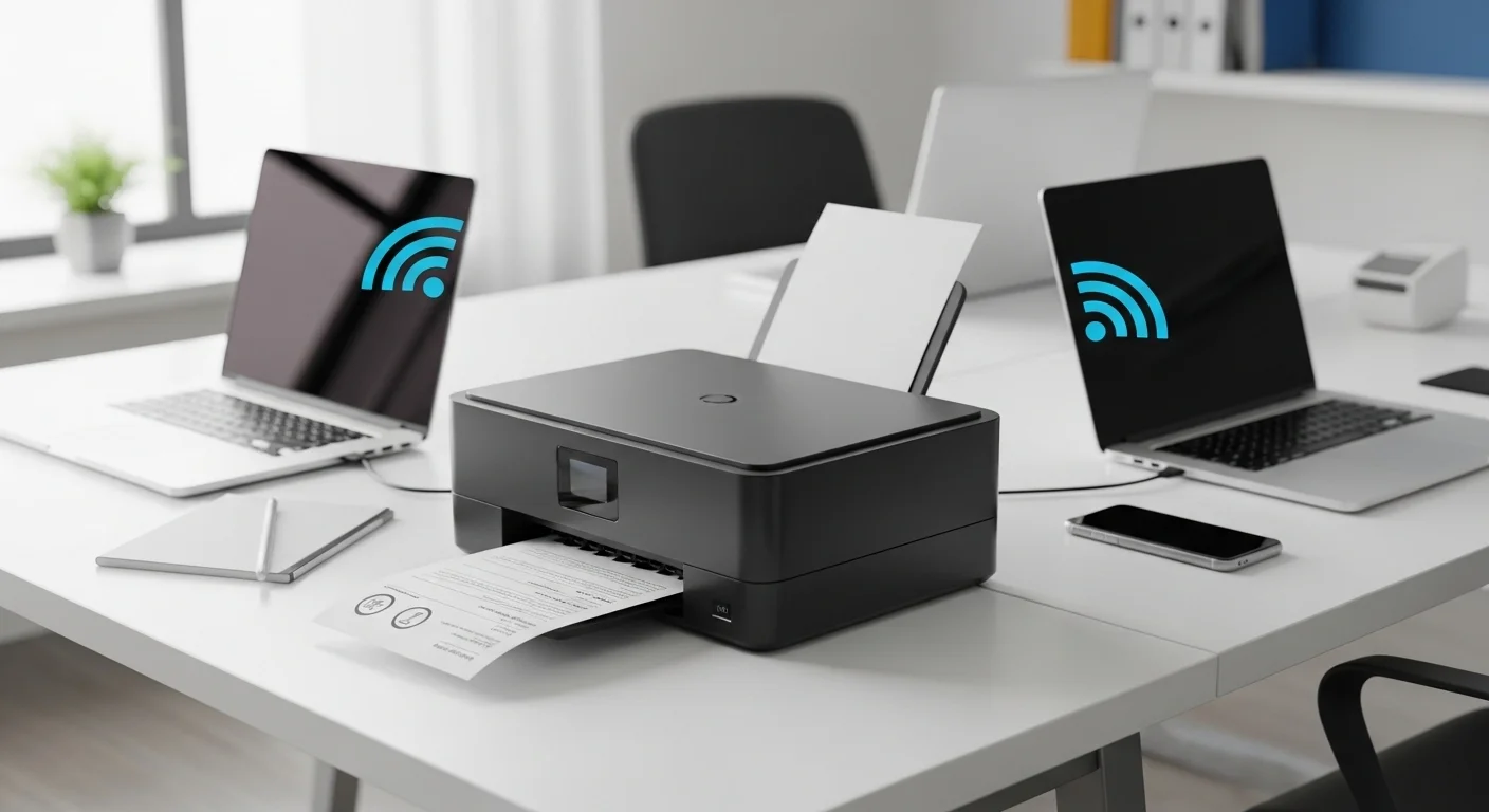 Una moderna impresora Bluetooth en un escritorio de oficina, conectada de forma inalámbrica a varias computadoras portátiles y un smartphone, demostrando la conectividad múltiple.
