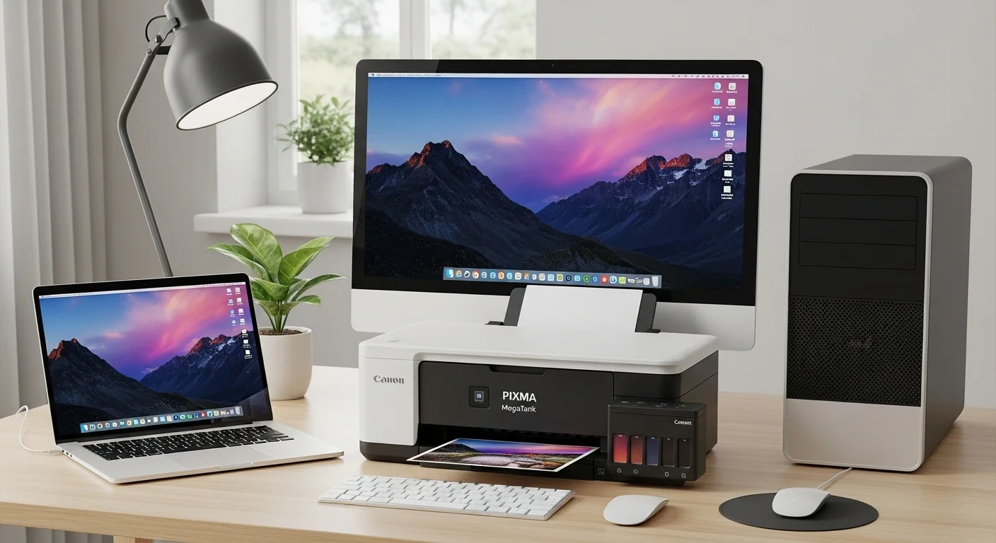 Una moderna impresora Canon PIXMA MegaTank junto a una laptop y una computadora de escritorio, mostrando la conectividad en un entorno de oficina en casa.